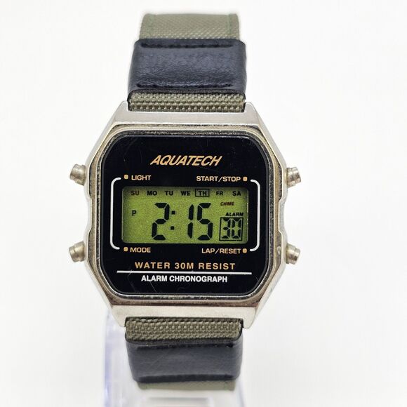 VTG Aquatech Men's Digital Watch 35MM New Army Green Canvas Bands New Battery - Picture 1 of 13